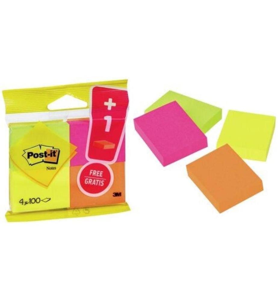 POST-IT - Fiche de bloc-notes POST-IT - 5.1 x 3.8 cm, 4 blocs de 100 feuilles chacun