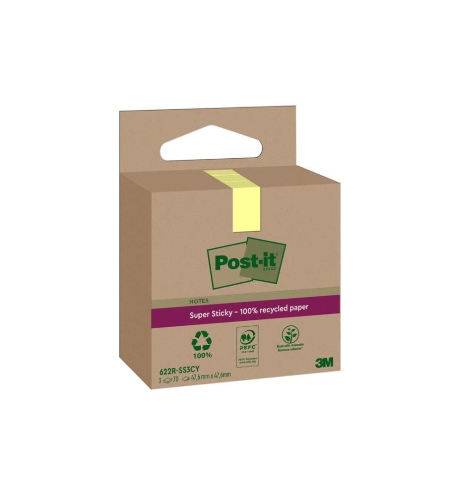 POST-IT - Notizzettel Super Sticky Recycling, Gelb, 3 Blöcke