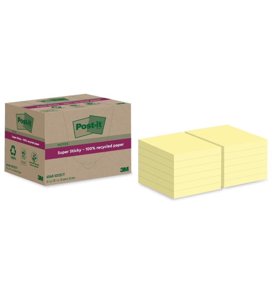 POST-IT - Fiche de bloc-notes Super Sticky Recycling, Jaune, 12 blocs