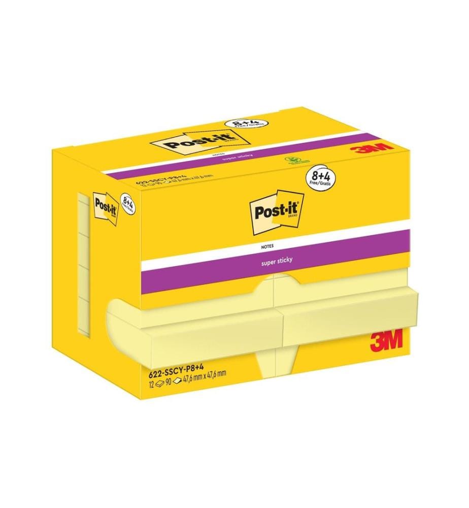 POST-IT - Fiche de bloc-notes Super Sticky 47 x 47 mm, Jaune, 12 blocs
