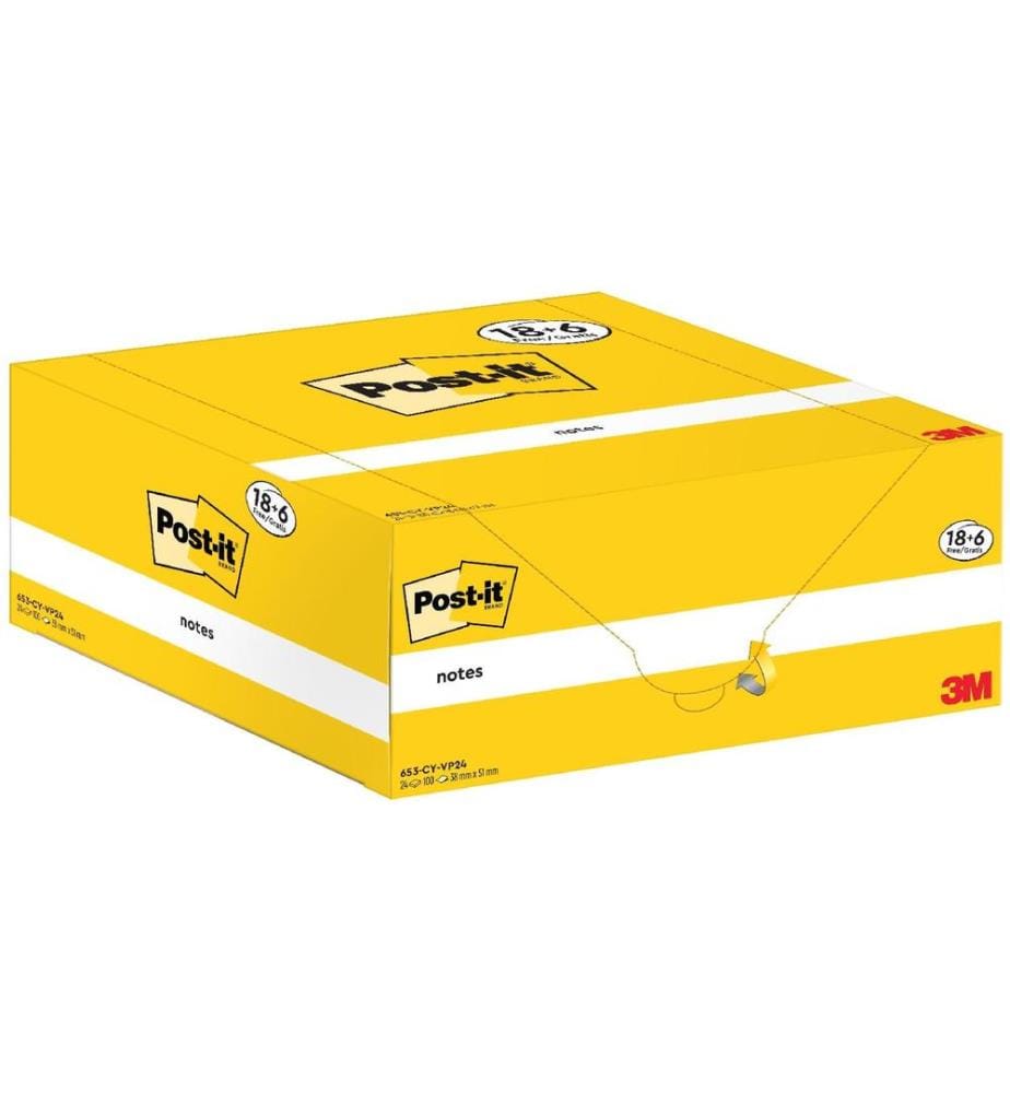 POST-IT - Fiche de bloc-notes 3M, 38 x 51 mm, 18+6 blocs, jaune