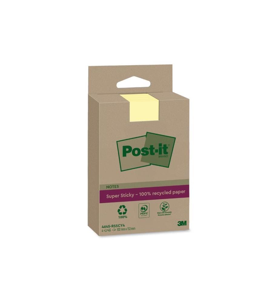 POST-IT - Fiche de bloc-notes 3M Notes de recyclage 4 blocs, jaune, lignés