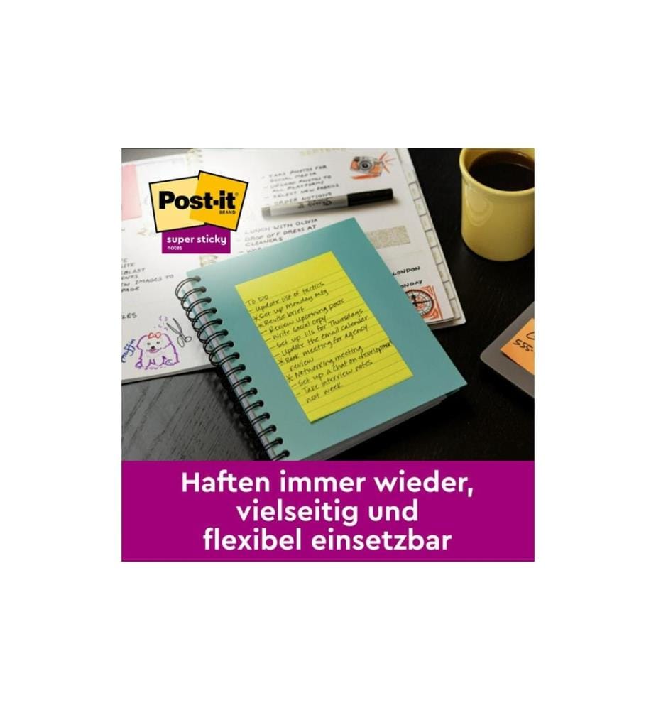 POST-IT - Notizzettel Super Sticky, mehrfarbig, 6 Blöcke
