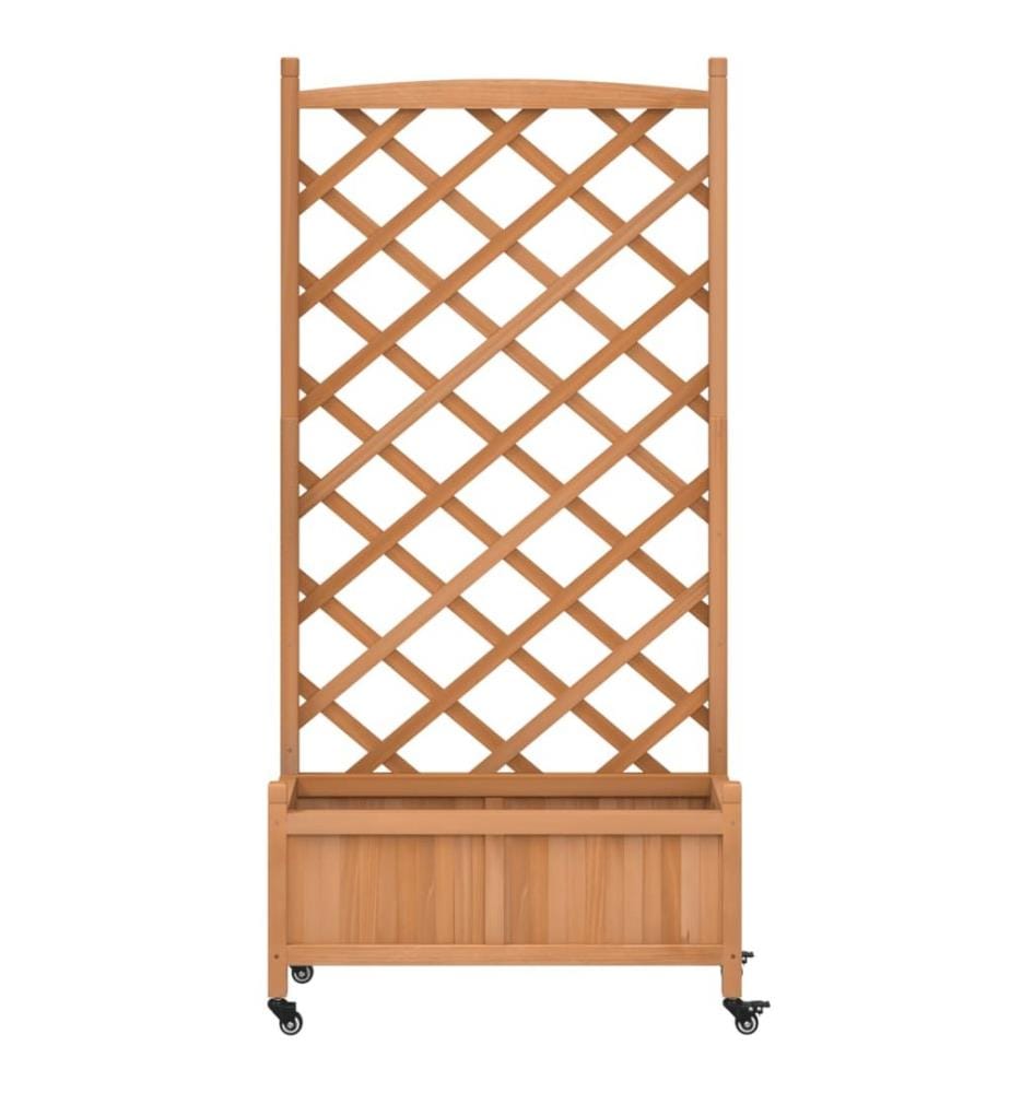 Jardinière avec treillis et roues marron bois massif de sapin