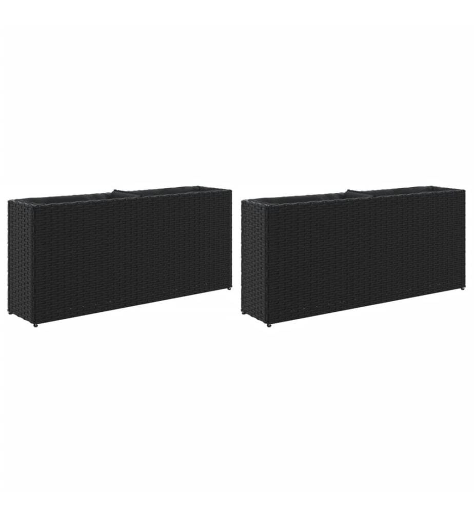 Jardinières avec 2 pots 2 pcs noir 90x20x40 cm résine tressée