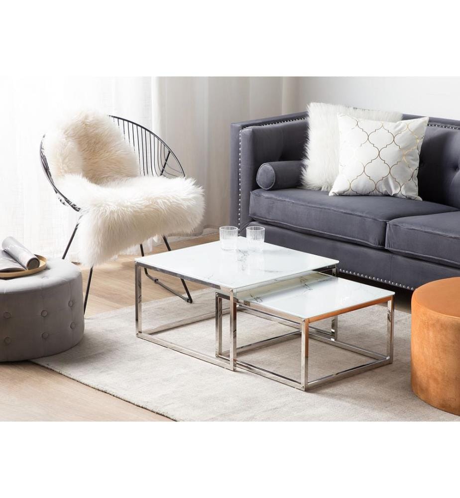 Lot de 2 tables basses BREA Verre de sécurité Marbre blanc