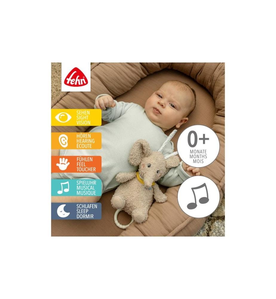 FEHN - Peluche musicale Éléphant, Peluche, beige, 20 cm