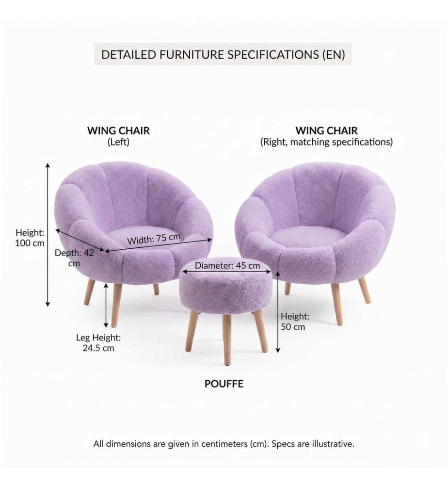 Set di 3 sedie Wing e poggiapiedi Lida - Lilla