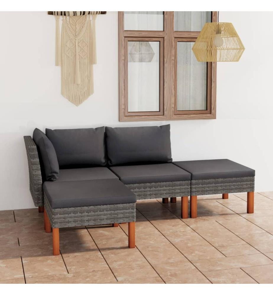 4-tlg. Garten-Lounge-Set mit Kissen Poly Rattan Grau
