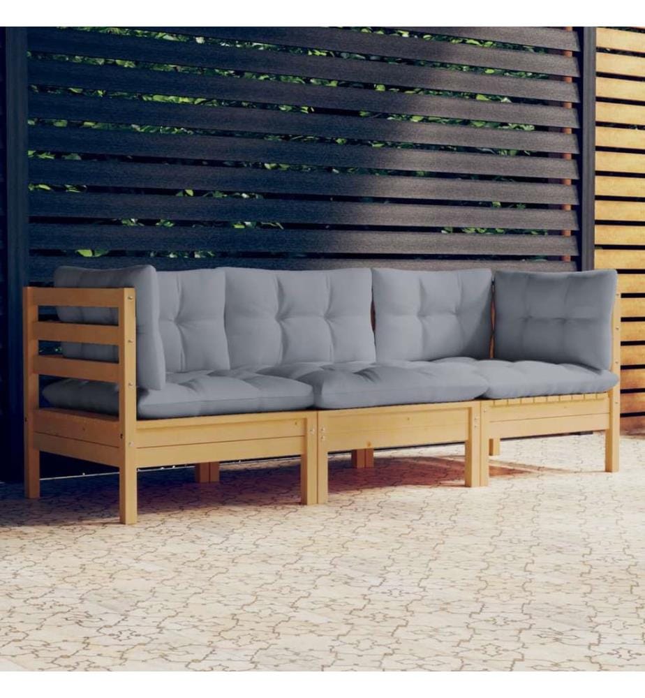 3-Sitzer-Gartensofa mit Grauen Kissen Massivholz Kiefer