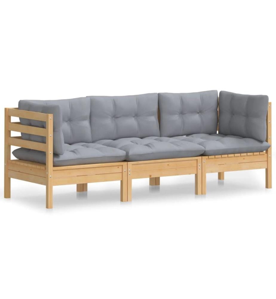 3-Sitzer-Gartensofa mit Grauen Kissen Massivholz Kiefer