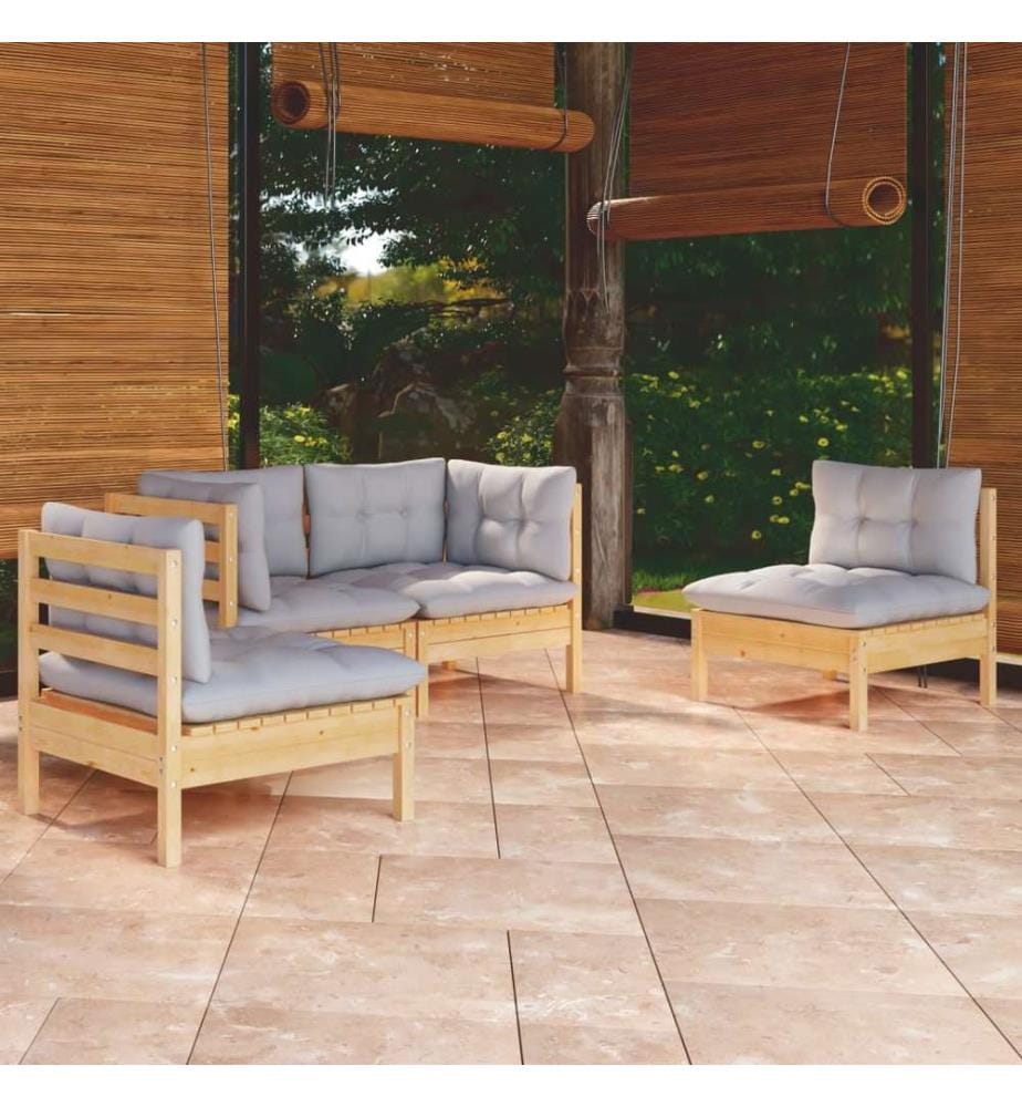 4-tlg. Garten-Lounge-Set mit Grauen Kissen Kiefer Massivholz