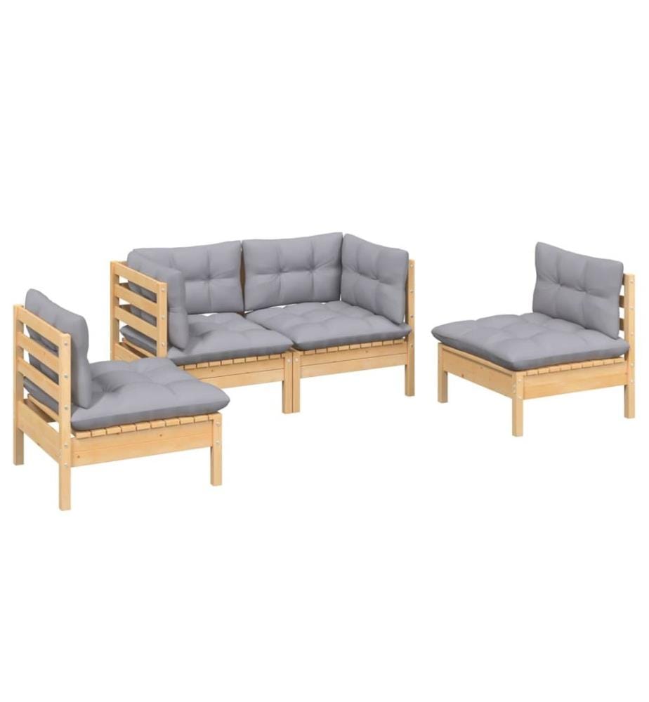 4-tlg. Garten-Lounge-Set mit Grauen Kissen Kiefer Massivholz