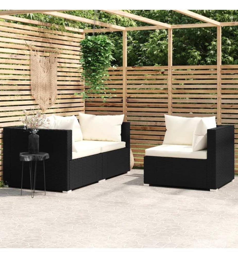 3-tlg. Garten-Lounge-Set mit Auflagen Schwarz Poly Rattan