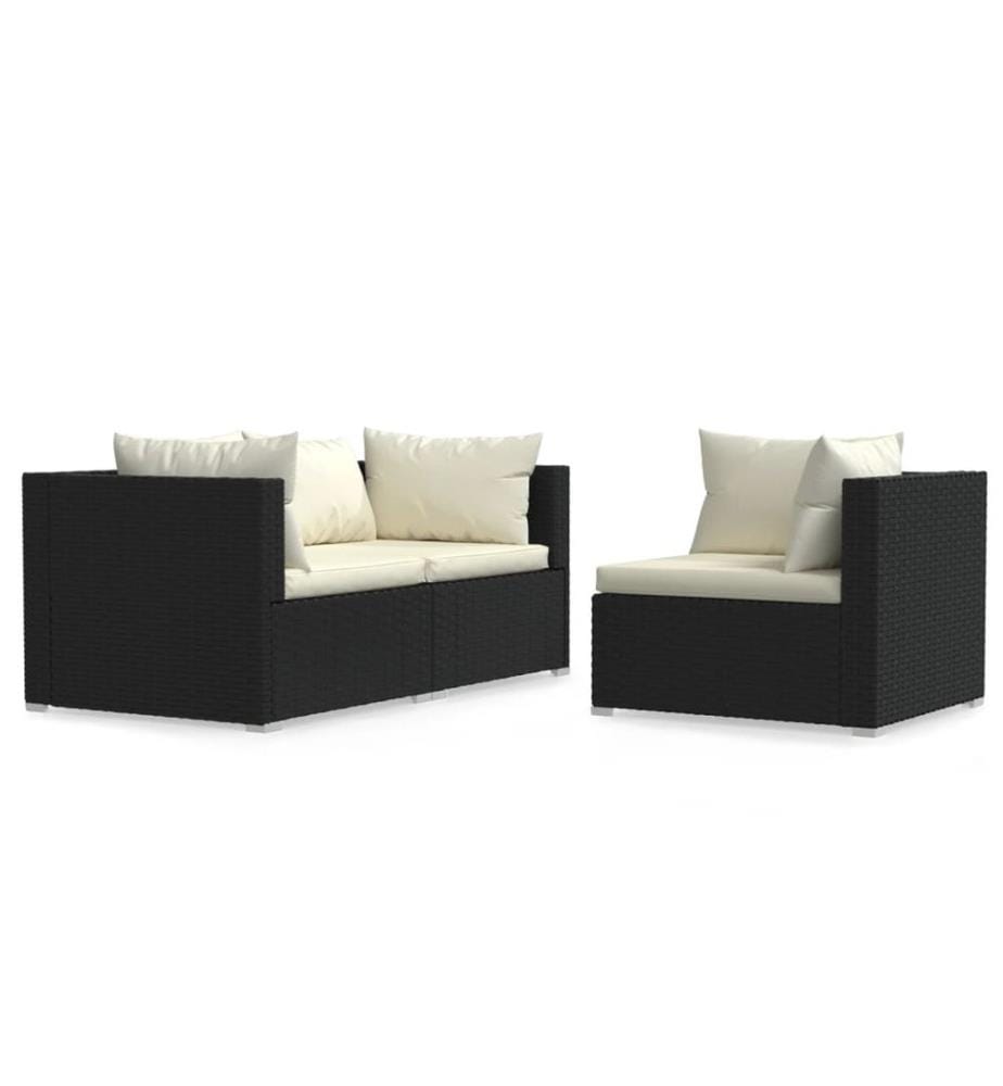 3-tlg. Garten-Lounge-Set mit Auflagen Schwarz Poly Rattan