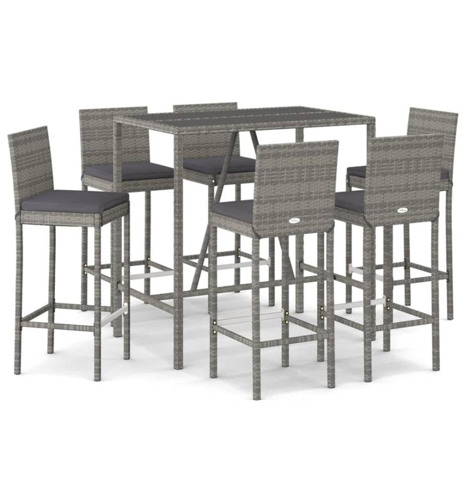 7-tlg. Gartenbar-Set mit Kissen Grau Poly Rattan