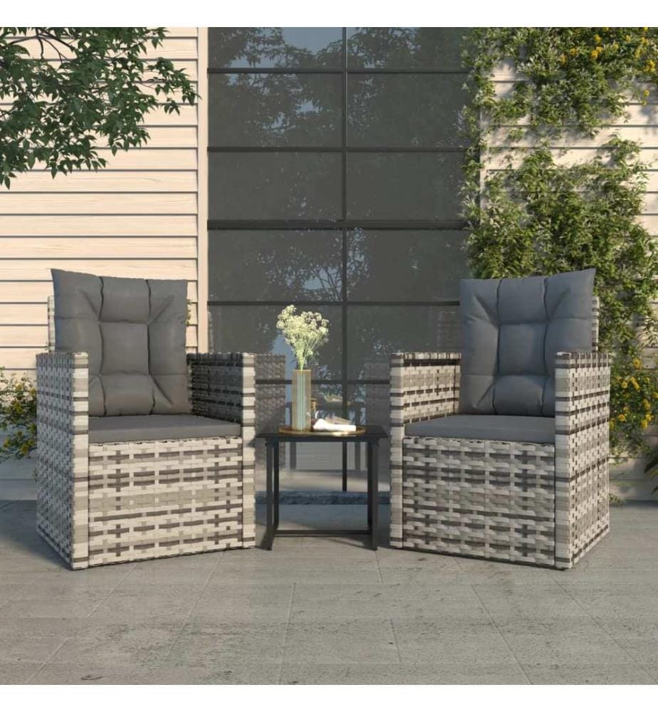 3-tlg. Garten-Lounge-Set mit Kissen Poly Rattan Grau