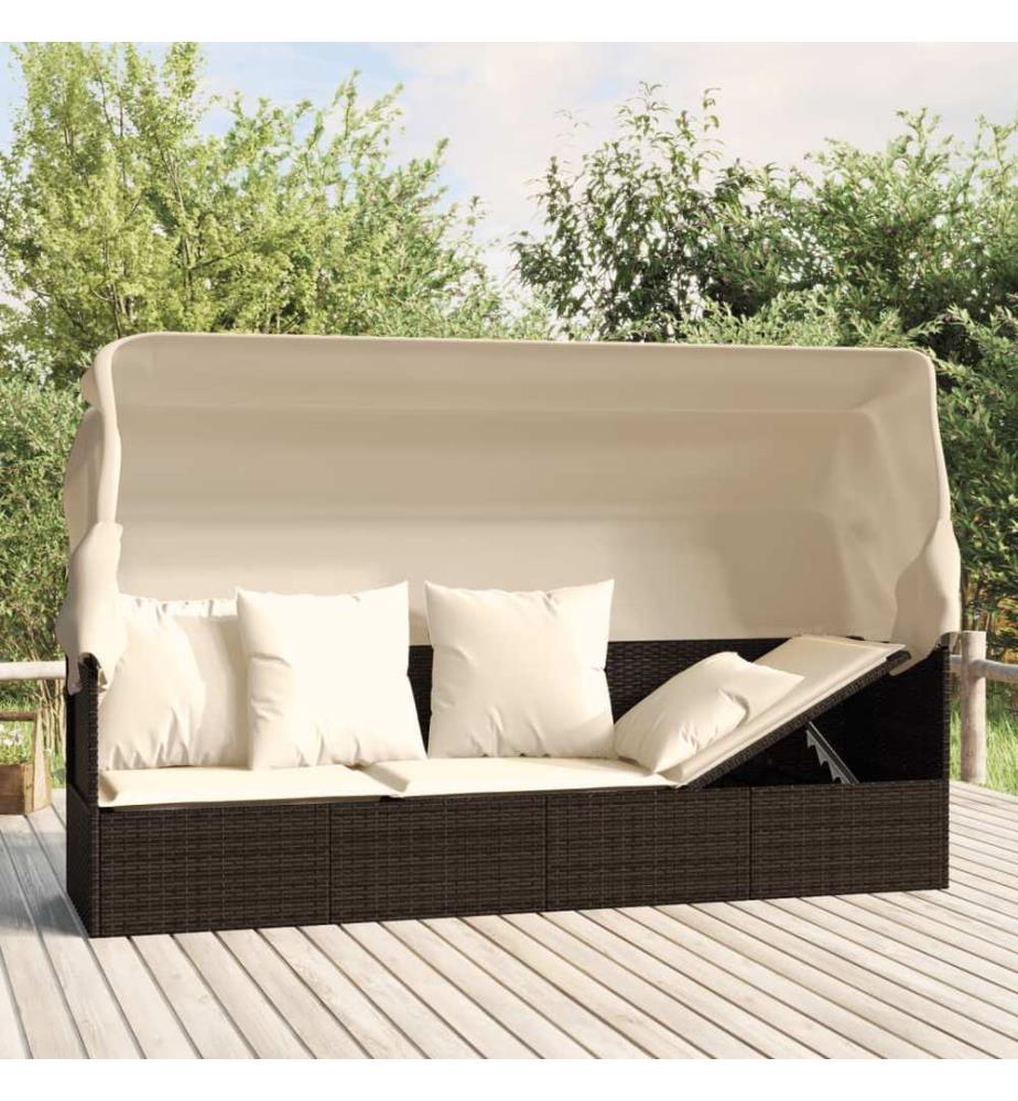 Outdoor-Loungebett mit Dach und Kissen Braun Poly Rattan