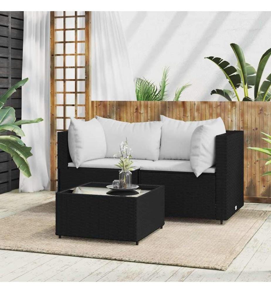 3-tlg. Garten-Lounge-Set mit Kissen Schwarz Poly Rattan