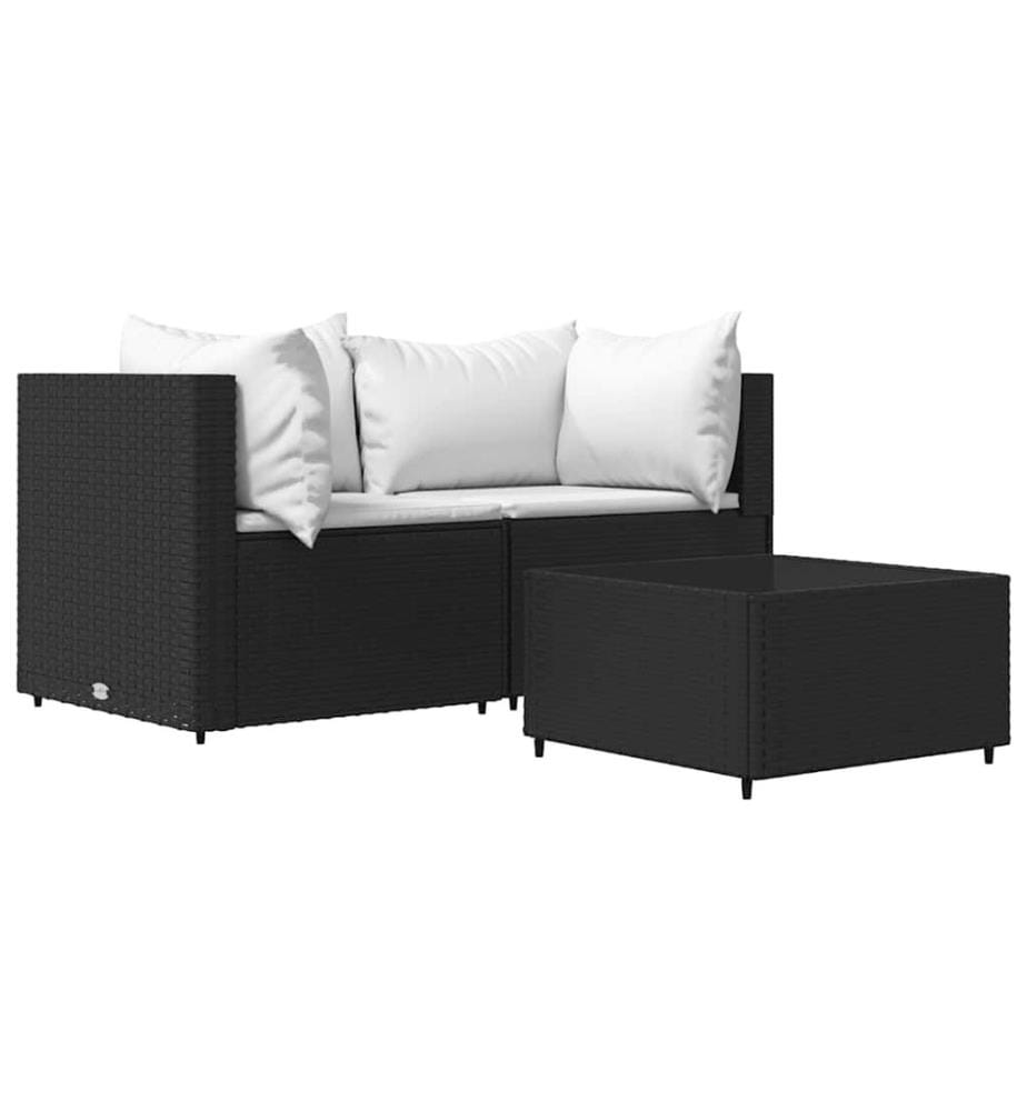 3-tlg. Garten-Lounge-Set mit Kissen Schwarz Poly Rattan