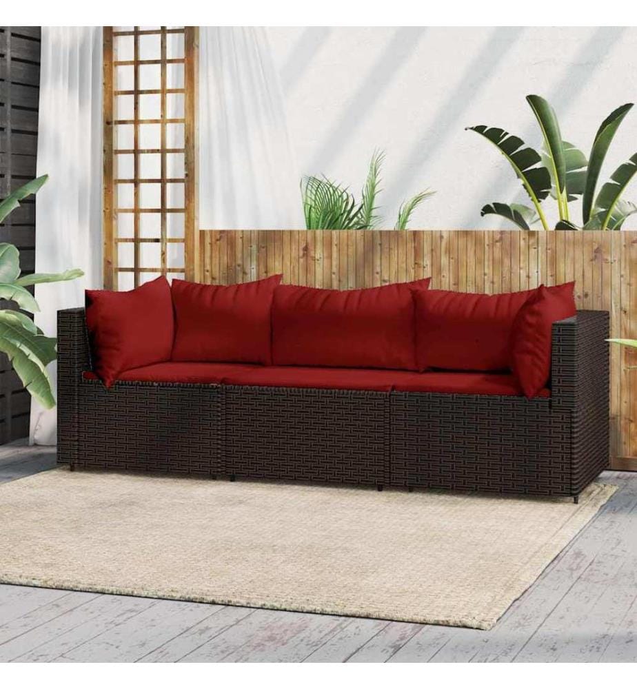 3-tlg. Garten-Lounge-Set mit Kissen Braun Poly Rattan