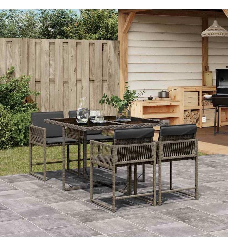 5-tlg. Garten-Essgruppe mit Kissen Grau Poly Rattan