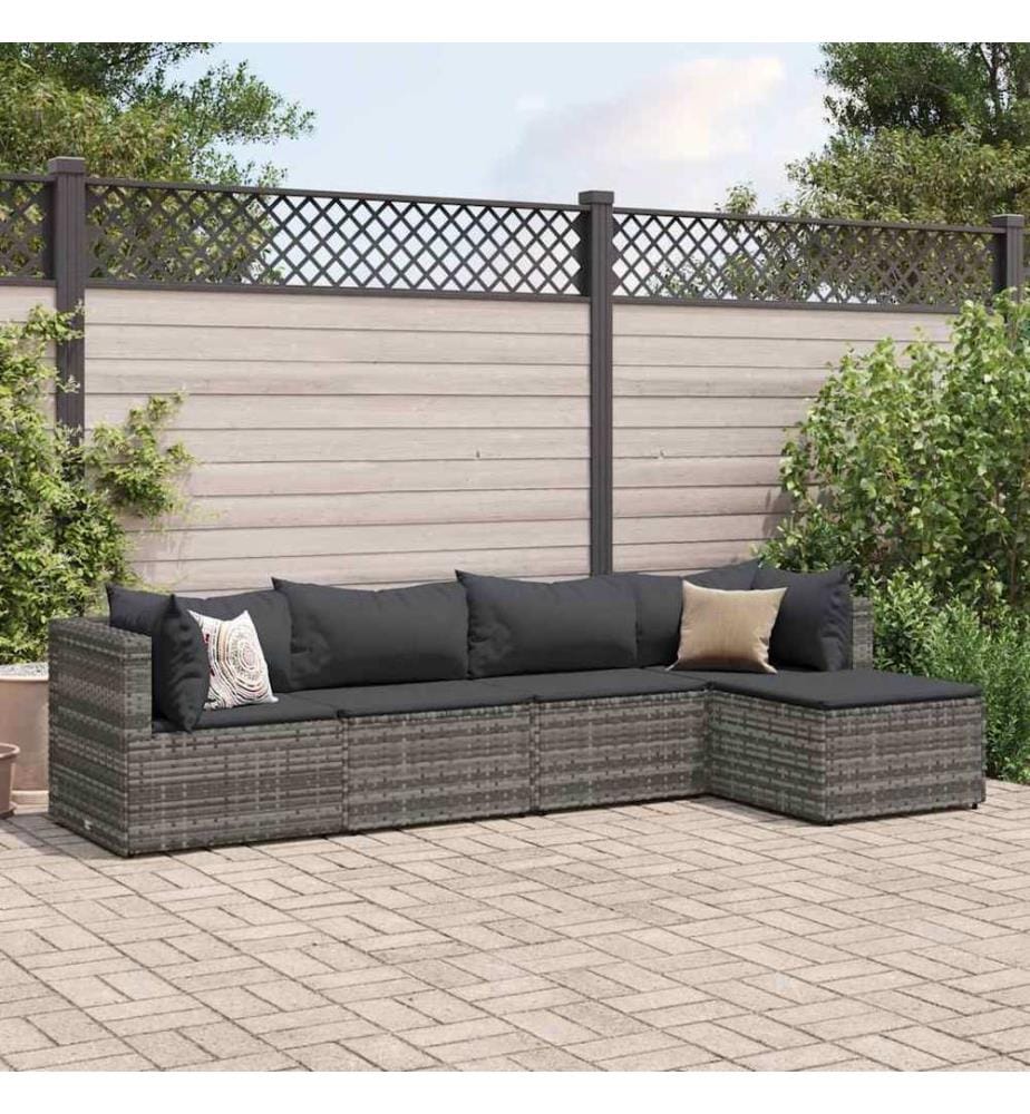 5-tlg. Garten-Lounge-Set mit Kissen Grau Poly Rattan