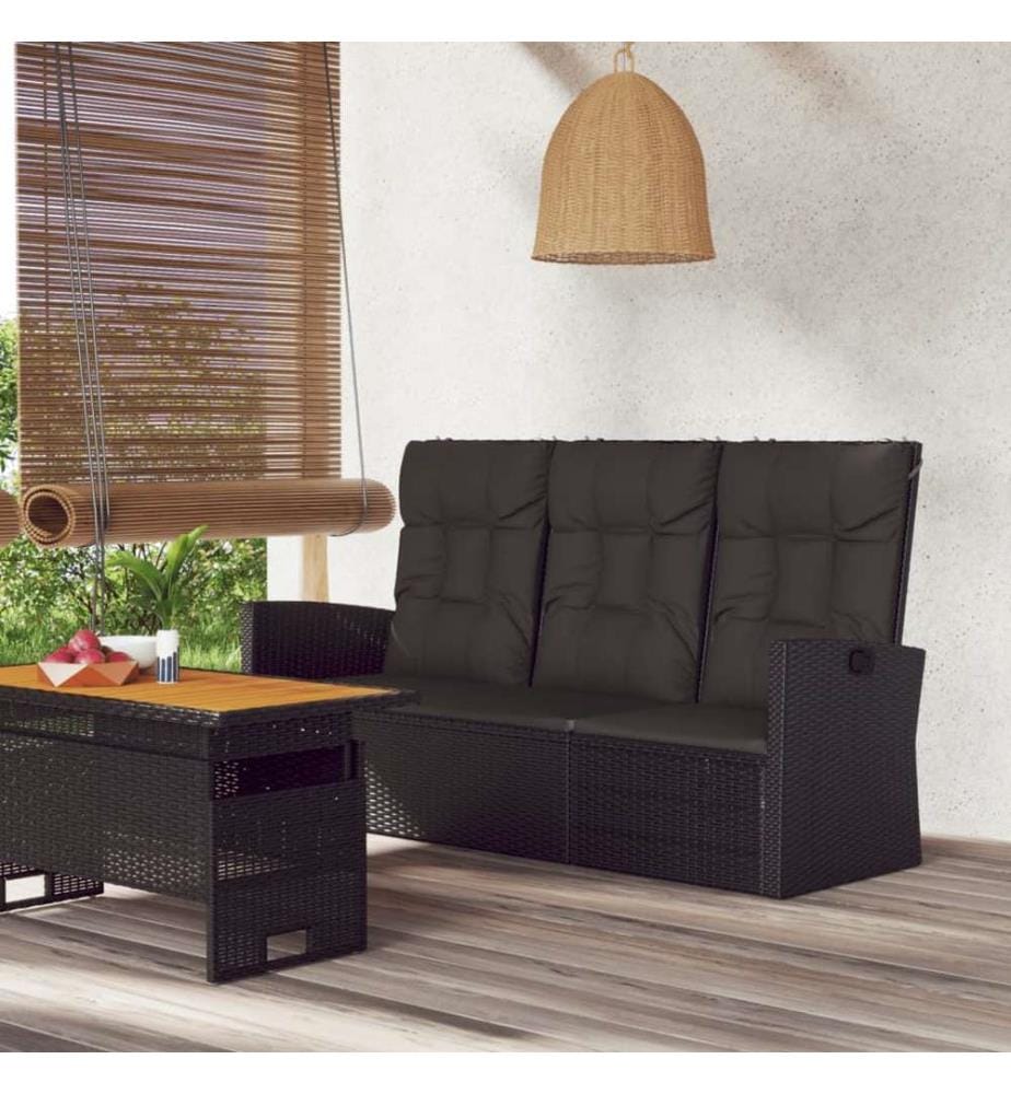 Gartenbank mit Liegefunktion & Kissen Schwarz 173cm Poly Rattan