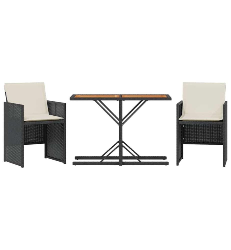 3-tlg. Bistro-Set mit Kissen Schwarz Poly Rattan