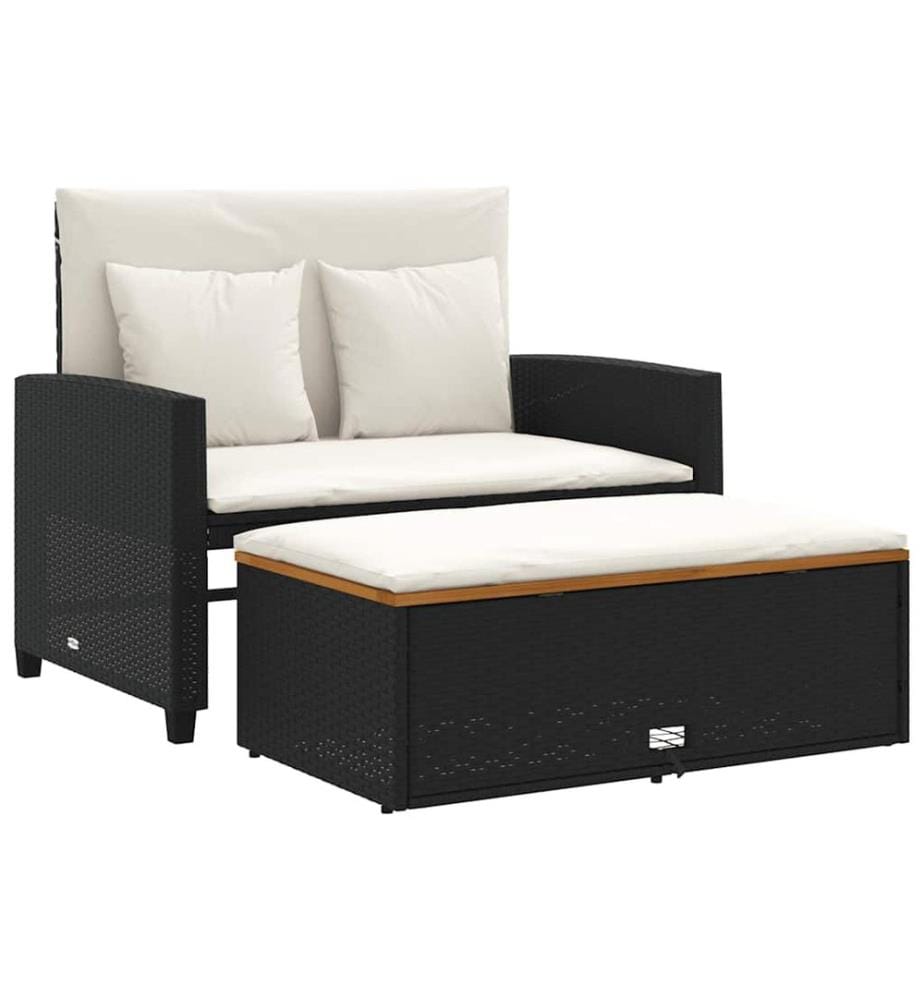 Gartensofa mit Kissen 2-Sitzer Schwarz Poly Rattan&Akazienholz