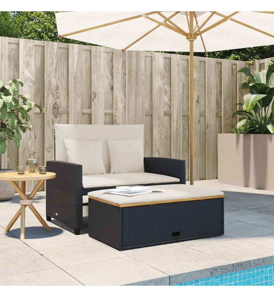 Gartensofa mit Kissen 2-Sitzer Schwarz Poly Rattan&Akazienholz