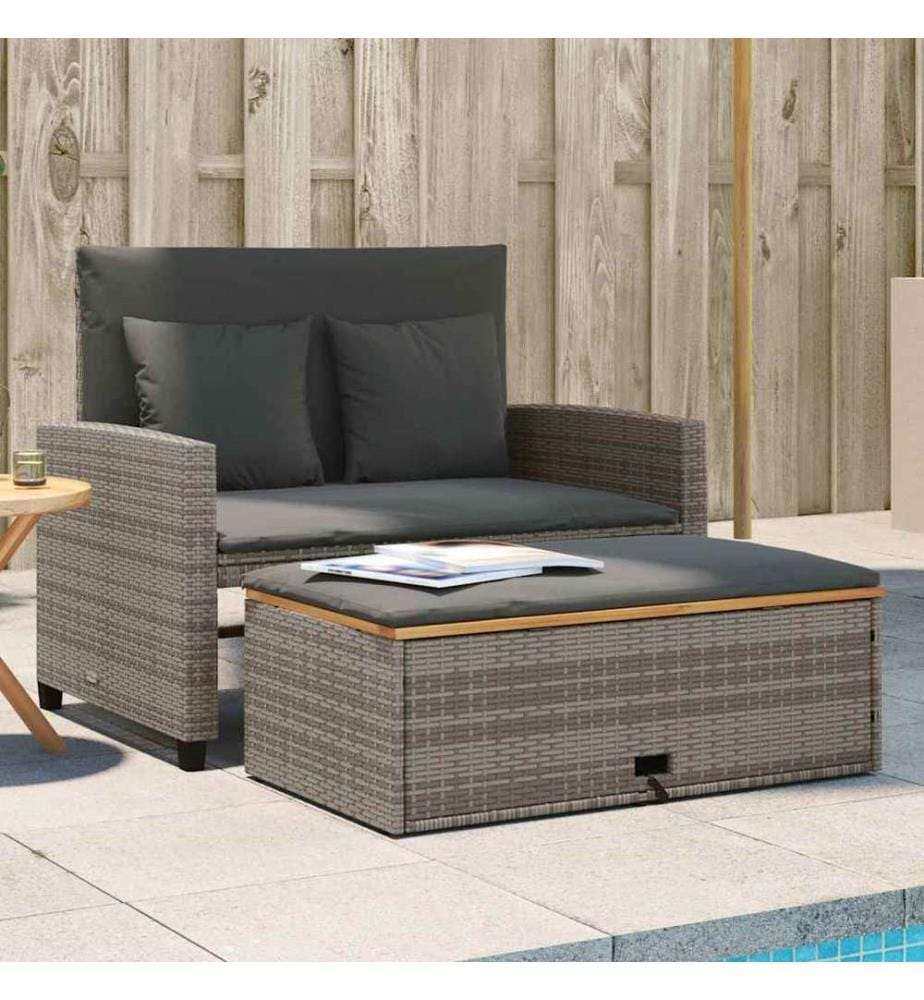 Gartensofa mit Kissen 2-Sitzer Grau Poly Rattan & Akazienholz