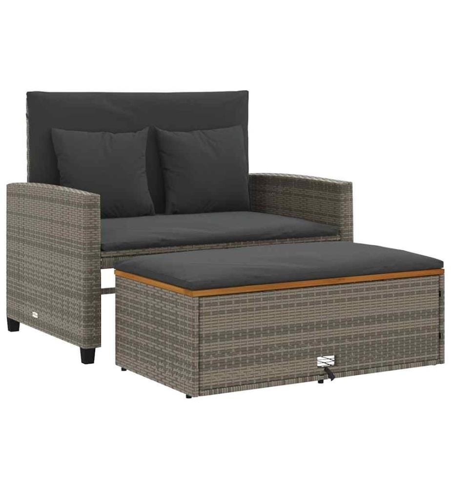 Gartensofa mit Kissen 2-Sitzer Grau Poly Rattan & Akazienholz