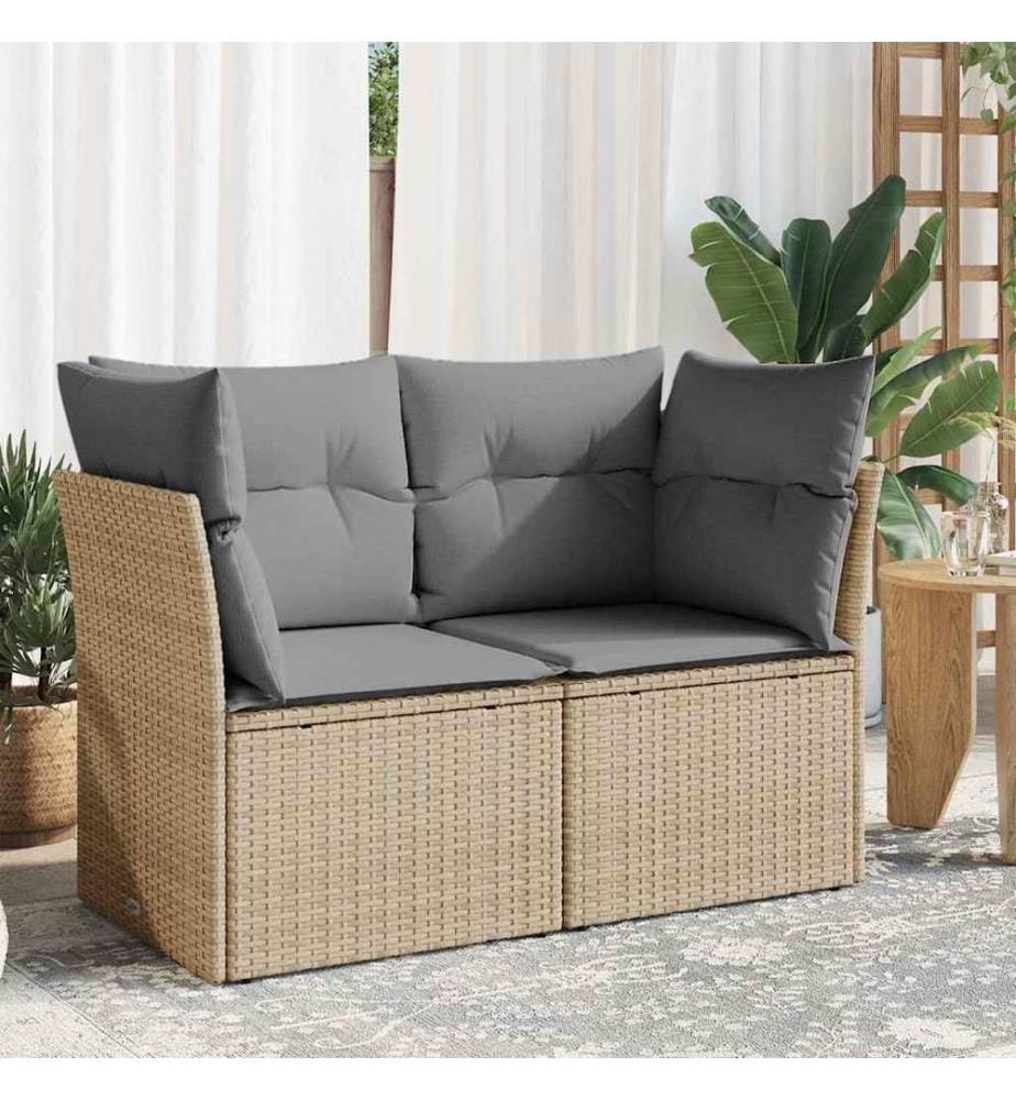 Canapé de jardin avec coussins 2 places beige résine tressée
