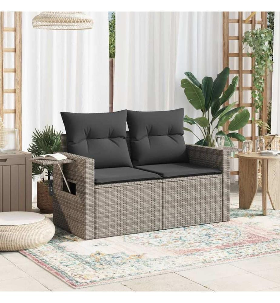 Gartensofa 2-Sitzer mit Kissen Grau Poly Rattan