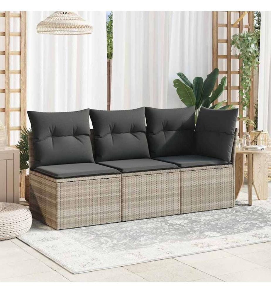 Gartensofa mit Kissen 3-Sitzer Hellgrau Poly Rattan
