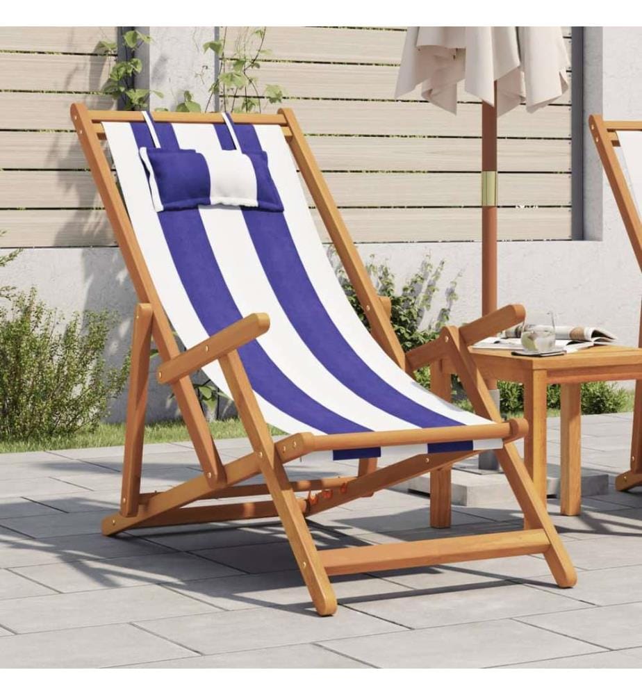 Strandstuhl Klappbar Blau Weiss Massivholz Eukalyptus und Stoff