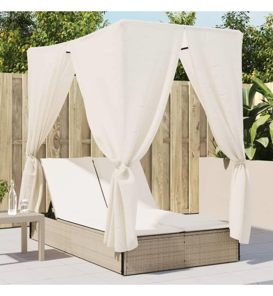 Doppel-Sonnenliege mit Dach und Vorhängen Beige Poly Rattan