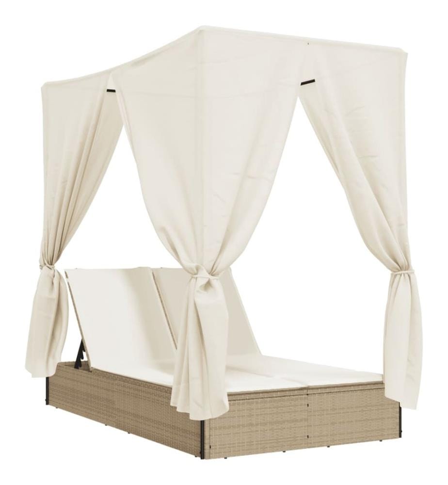 Doppel-Sonnenliege mit Dach und Vorhängen Beige Poly Rattan