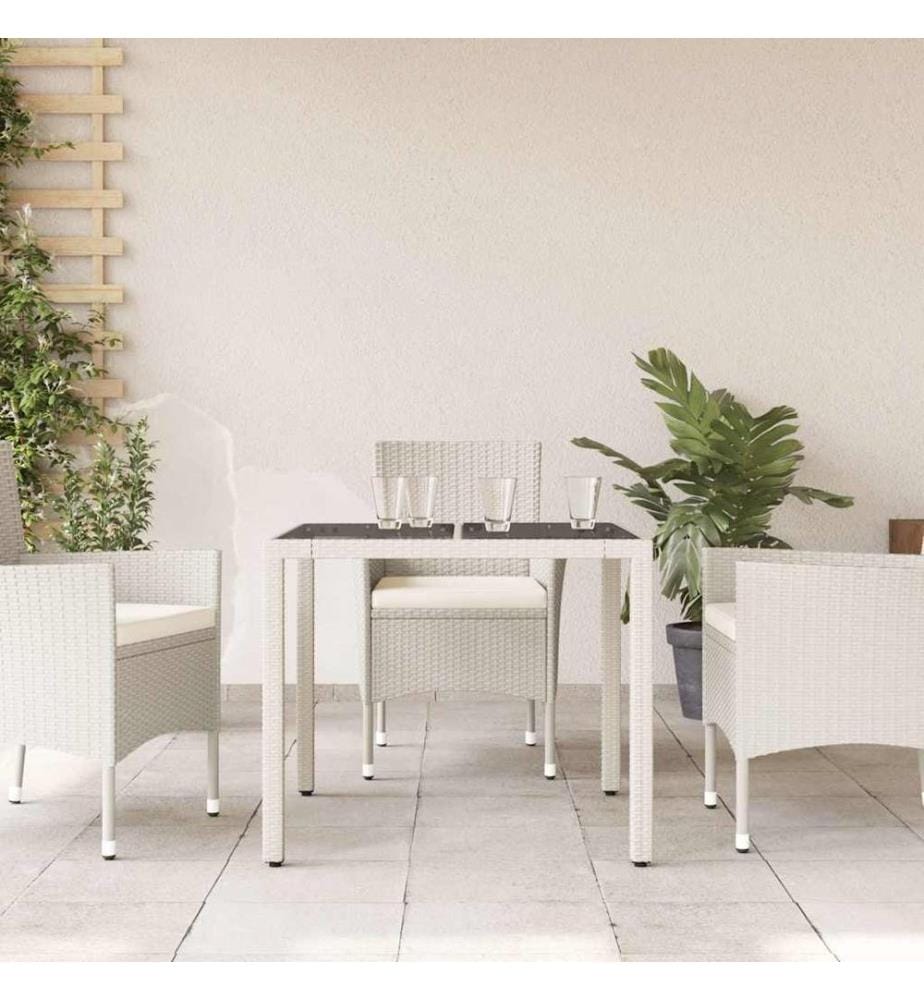 Gartentisch mit Glasplatte Weiss 90x90x75 cm Poly Rattan