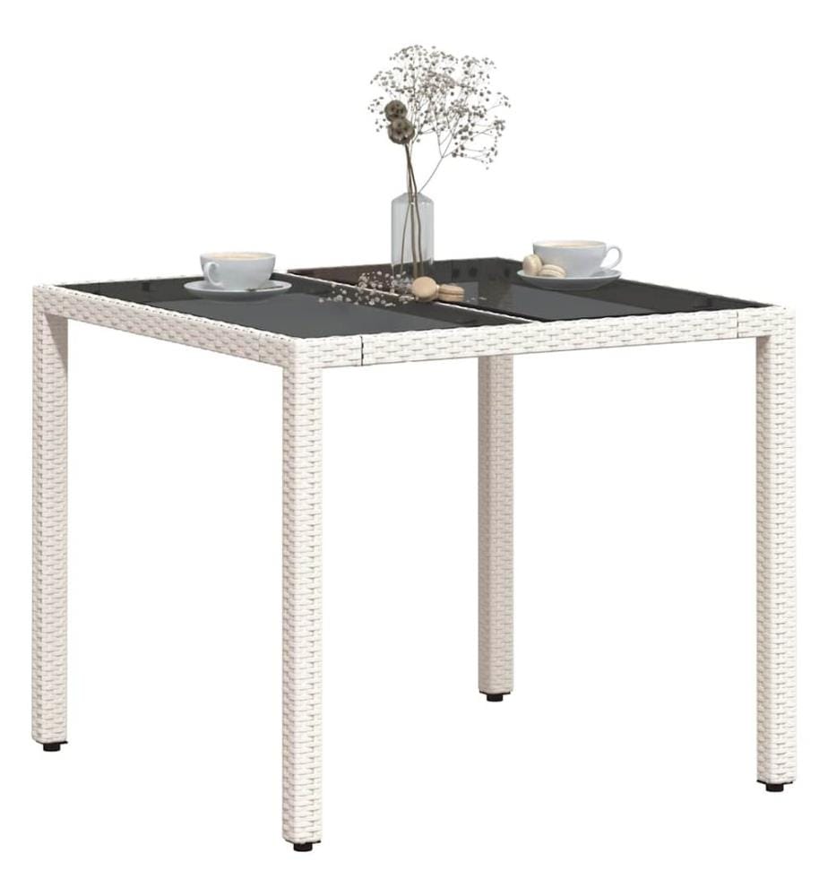 Gartentisch mit Glasplatte Weiss 90x90x75 cm Poly Rattan
