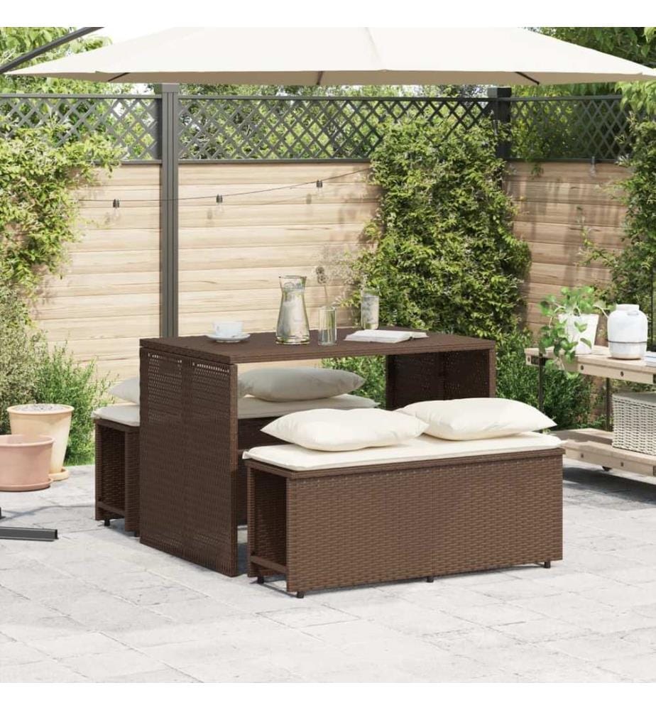 3-tlg. Garten-Essgruppe mit Kissen Braun Poly Rattan