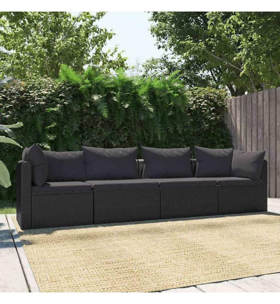4-tlg. Garten-Sofagarnitur mit Auflagen Poly Rattan Schwarz