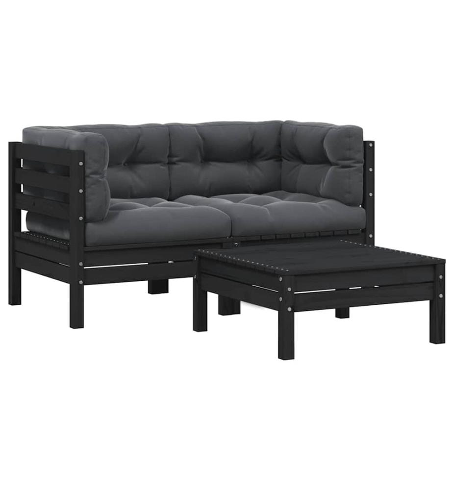 3-tlg. Garten-Lounge-Set mit Kissen Schwarz Massivholz Kiefer