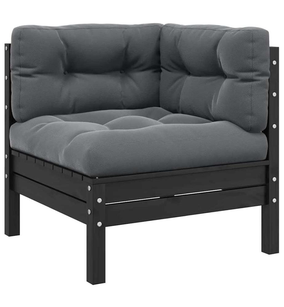 3-tlg. Garten-Lounge-Set mit Kissen Schwarz Massivholz Kiefer
