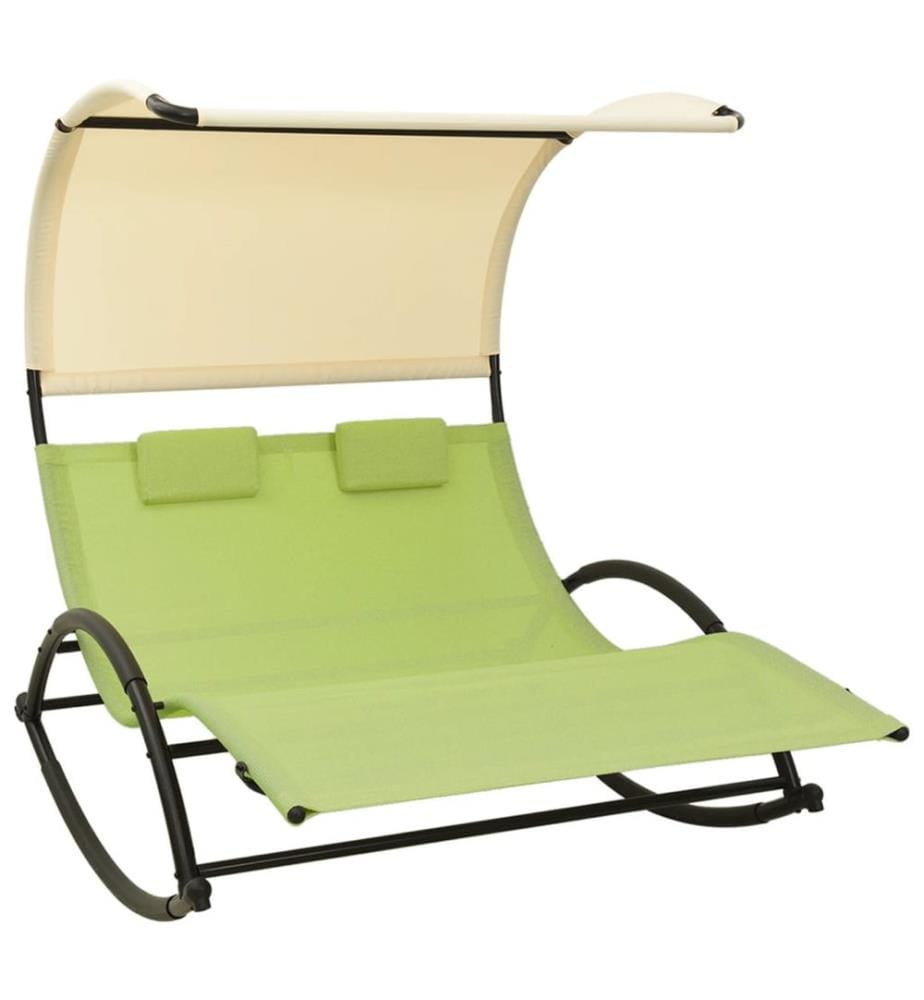 Chaise longue doppia con tettuccio textilène verde e crema