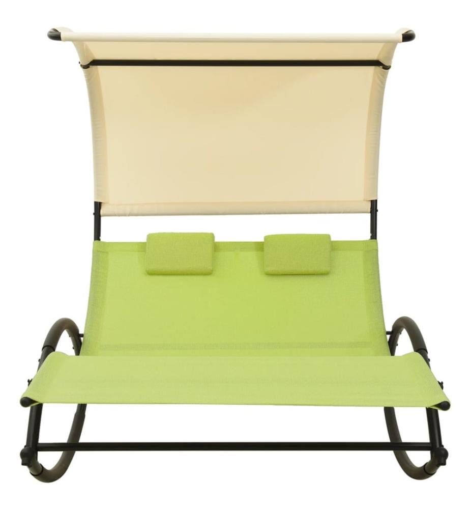 Chaise longue doppia con tettuccio textilène verde e crema