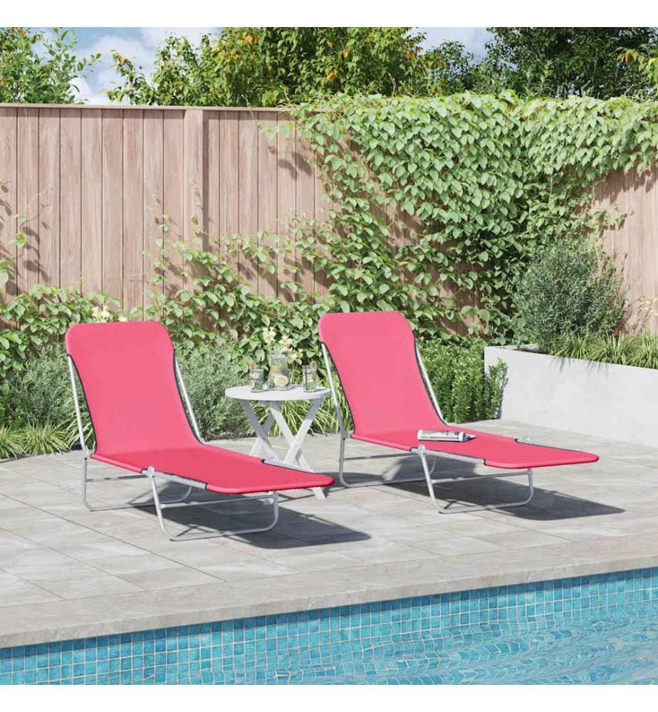 Chaises longues pliables lot de 2 Acier et tissu Rose