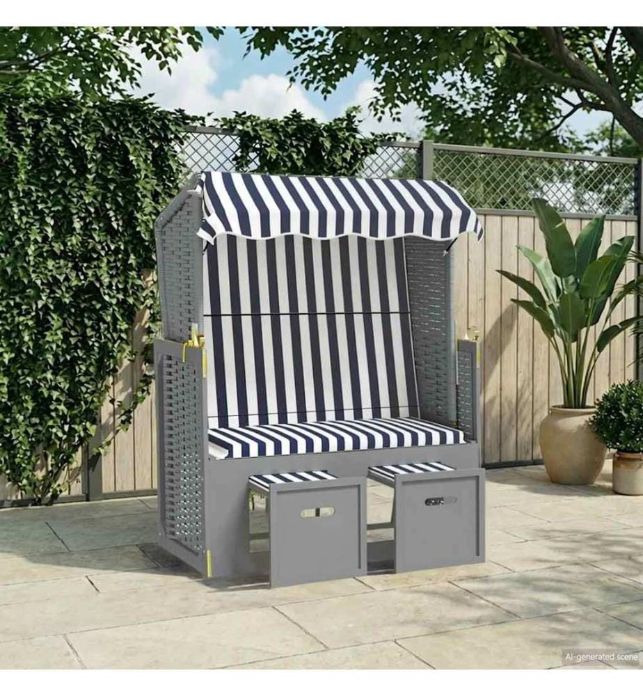 Strandkorb mit Dach Poly Rattan und Massivholz Blau & Weiss