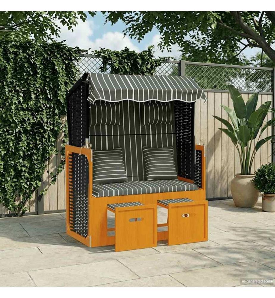 Cesto da spiaggia con cuscini resina intrecciata legno solido nero grigio
